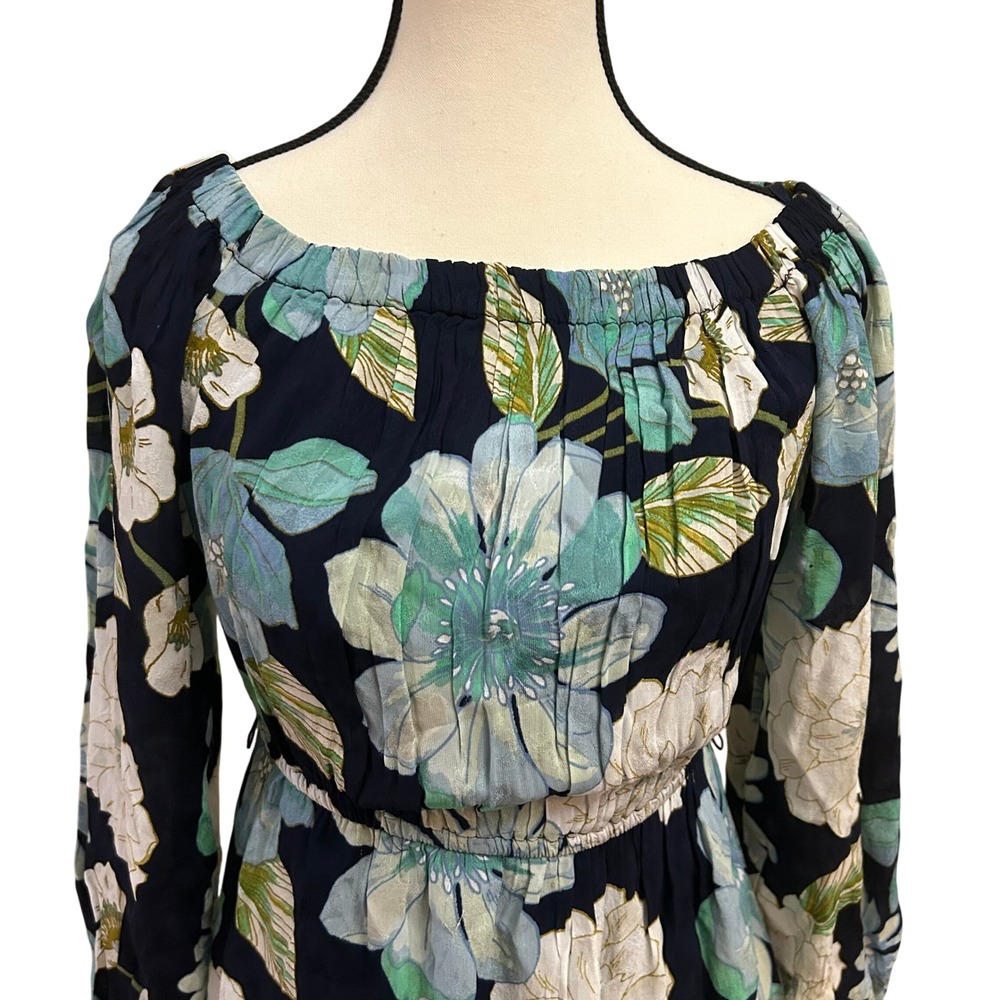 LOFT Navy Blue Floral Off The Shoulder Smocked Waist Mini Dress Size S - Picture 4 of 7